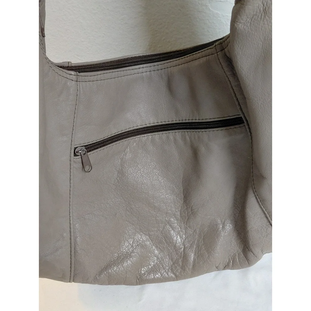 Vintage Genuine Leather Hobo Bag Taupe Gray Slouch Shoulder Purse Made in Mexico